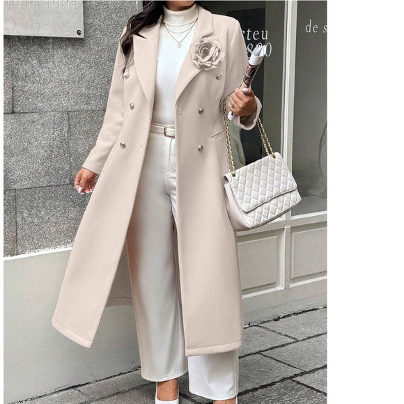 Classic Solid Double Button Floral Appliqué Mid Length Jacket Coat - Picture 2 of 13